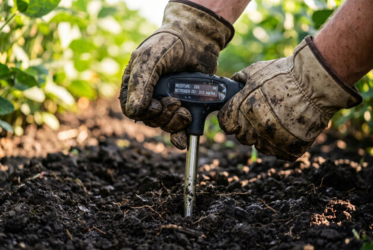 Close up of hands inserting digital soil moisture and nitrogen sensor probe into farmland
