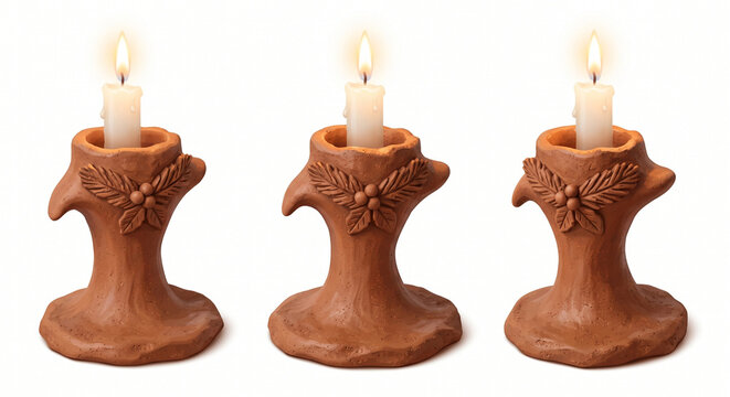Three Christmas clay candlesticks shaped like tree stumps with burning candles isolated on white background