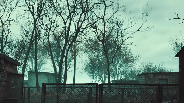 Tall trees stand without leaves near small buildings in a rural area. The sky is cloudy, giving a misty look to the scene. An eerie mood fills the surroundings.
