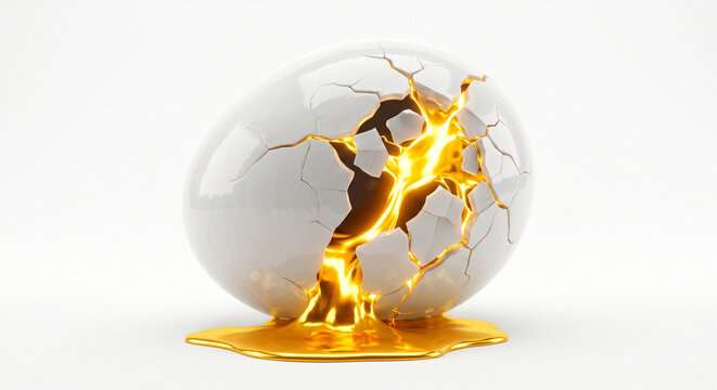 3D illustration of a white cracked egg revealing glowing molten gold liquid flowing out on a white background