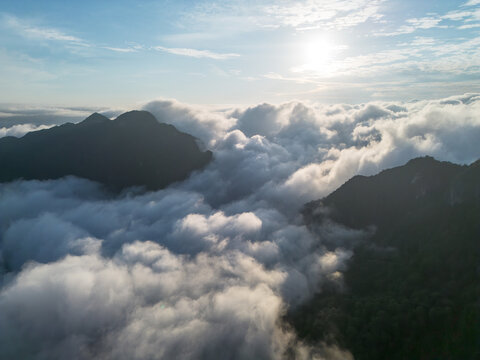 Cloudscape misty forest ridge sunlight mountain fog sunrise above dark mountain ridge and lush forest valley with soft cloud layer blue sky tranquil wilderness landscape