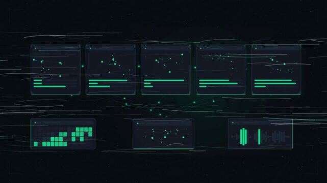 Futuristic HUD interface with glowing panels, readouts and graphs on a deep dark background, overlaid with a wind gust streaks effect in cyan and teal tones. Seamless looping 4K motion graphics video 