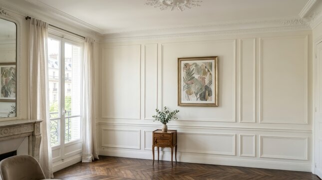 Elegant Parisian Living Room With Ornate Moldings And Artwork