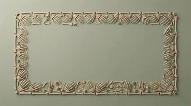 Skeleton hand frame border made of clay on a sage green background for Halloween design