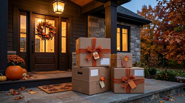 Stack of decorated cardboard delivery boxes on a house porch with autumn pumpkins and fall decor