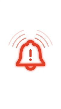 Glowing red alarm bell notification icon with exclamation mark and sound waves