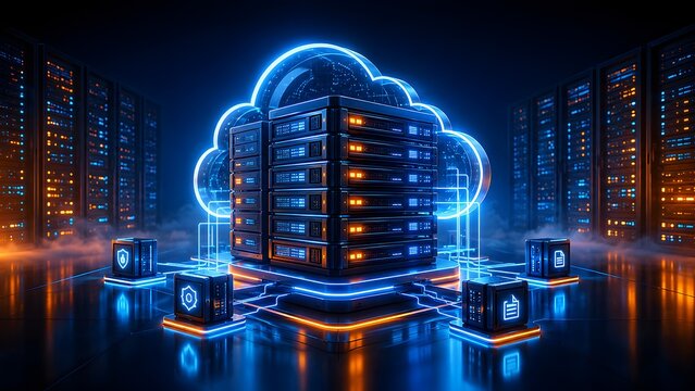 Holographic cloud computing interface surrounding a central server rack with secure data blocks in a modern data center