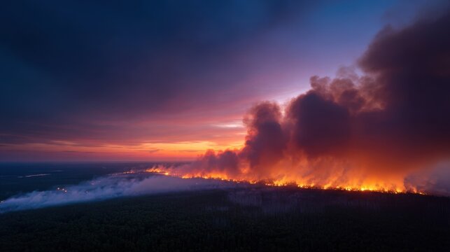 A forest line is on fire at dusk, with a glowing horizon and rolling smoke clouds visible. The scene captures the urgency and impact of the fire at this time