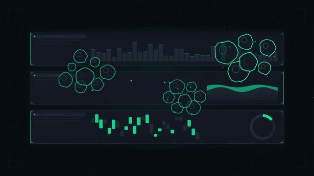 Futuristic HUD interface with glowing panels, readouts and graphs on a deep dark background, overlaid with a cartoon smoke puff effect in cyan and teal tones. Seamless looping 4K motion graphics video