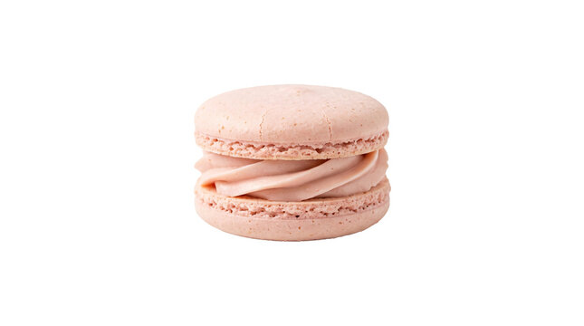 Delicious pink strawberry macaron showing delicate smooth texture with creamy filling, captured in bright studio lighting on transparent background