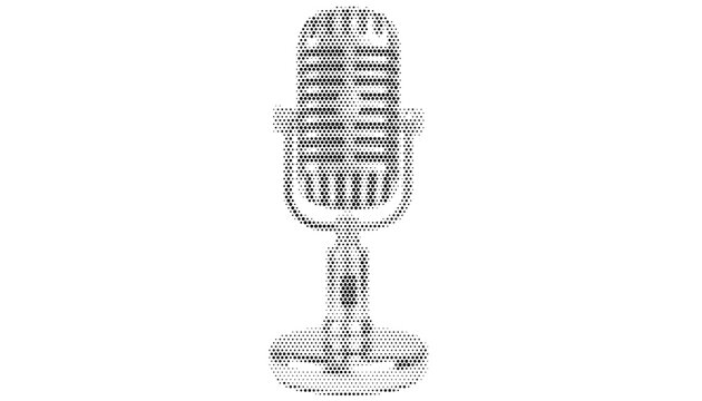 Vintage ribbon microphone vocal halftone dot print audio broadcast radio studio sound stage tshirt apparel poster sticker screenprint singer emblem monochrome vector illustration