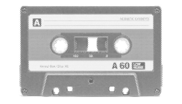Vintage cassette tape compact halftone dot print audio mixtape retro analog music player tshirt apparel poster sticker screenprint eighties emblem monochrome vector illustration