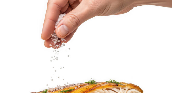 Chef hand seasoning grilled fish fillet with coarse sea salt crystals falling down against a plain transparent background.