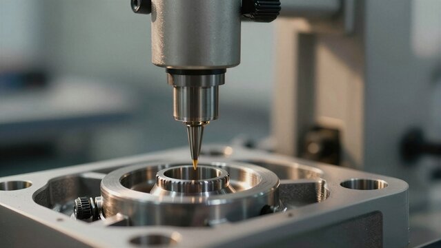 A precision measuring instrument tests surface roughness on a metallic part in an industrial lab setting with focused lighting.