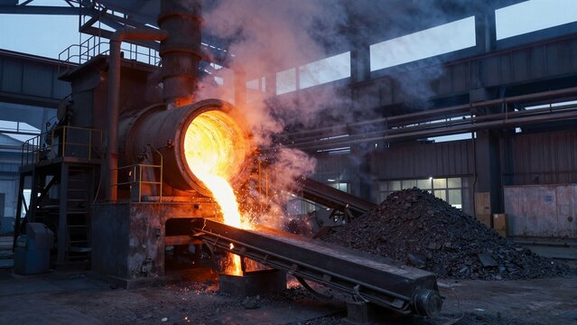 Intense heat transforms coal into coke during carbonization inside a large factory furnace.