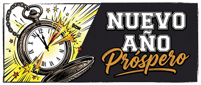 New Year pocket watch countdown clock exploding in comic pop art style with Spanish text Nuevo A&ntilde;o Pr&oacute;spero for holiday banner design background, festive celebration, retro vintage illustration image