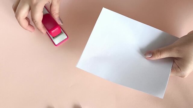 Woman stapling sheets of paper with a stapler on an office desk, organizing paper documents and completing routine office work