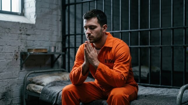 Man in orange prison uniform praying while sitting on a bed in a dark jail cell.