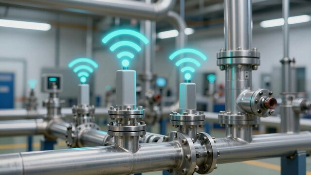 Modern factory pipes equipped with wireless sensors transmit real-time data for smart industrial automation and predictive maintenance.