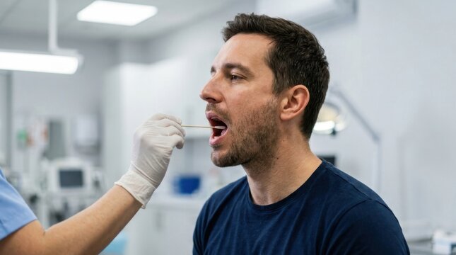 Man receiving a throat swab medical test from a healthcare professional in a clinic.