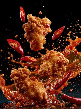 Crispy fried chicken pieces with spicy chili sauce splashing on black background