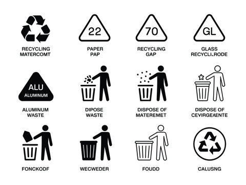 Recycling and Packaging Symbol Set Featuring Universal Recycle Logo Plastic Paper Glass ALU Material Codes CE Mark FSC Wood and Period After Opening Icons Vector Illustrations
