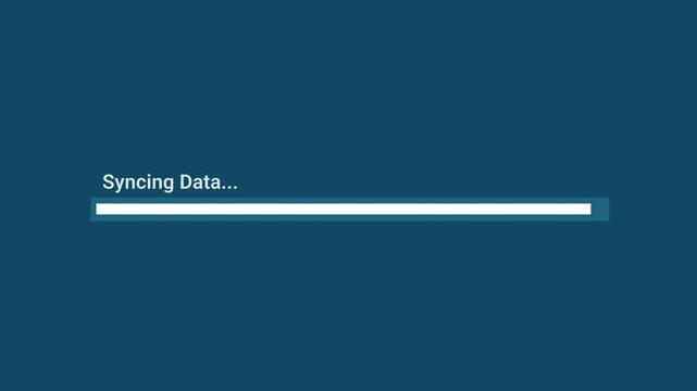 Animated motion graphics showing a thin white progress bar labeled "Syncing Data..." filling up over a dark blue background without a percentage counter. Represents active cloud synchronization.