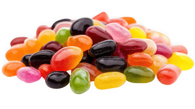 Colorful jelly beans piled in a large heap displaying various vibrant fruit flavors isolated on a pure transparent background.