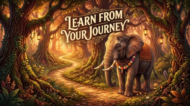 Majestic elephant with ornate adornments on a winding path through a magical, sun-dappled forest with inspirational text.