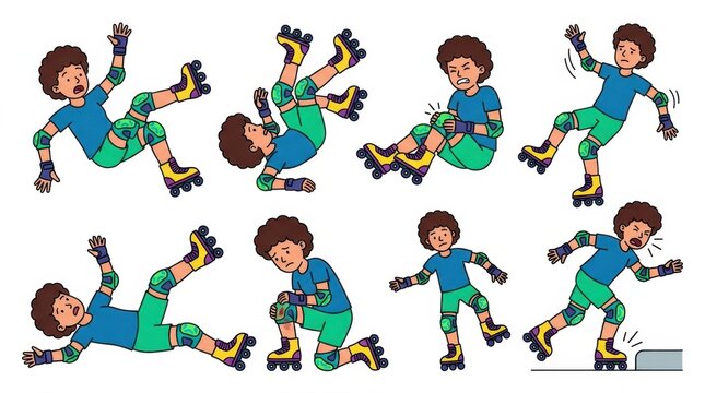 Boy falling while roller skating character set with knee injury and protective gear