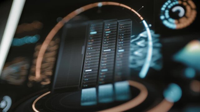 Close server array reveals layered monitoring graphics
