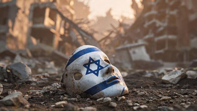 A weathered mask marked with a six-pointed star lies on debris of collapsed buildings in a war-damaged area.