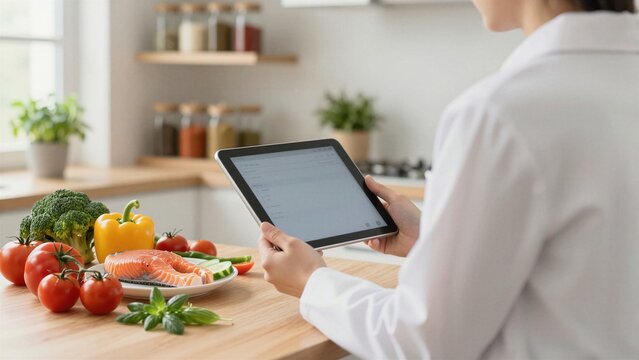 A nutritionist reviews a digital meal plan while surrounded by vibrant fresh vegetables and salmon in a bright kitchen setting.