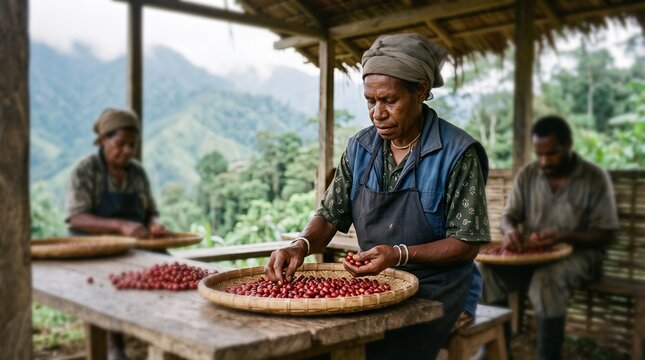 Coffee growers sort ripe cherries at collection point