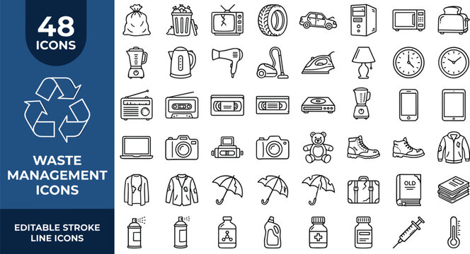 Household item recycling and electronic waste management linear icons representing various consumer goods for disposal