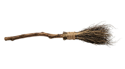 Rustic wooden broomstick featuring dry twigs and rough twine binding for magical fantasy concepts isolated on transparent background © Himel