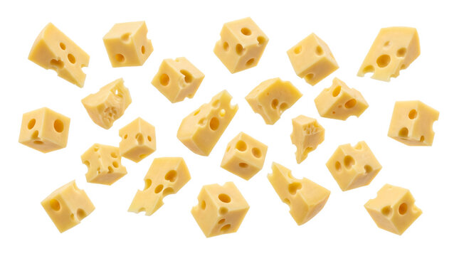 Yellow swiss cheese cubes with holes flying in midair captured in high resolution studio photography isolated on transparent background