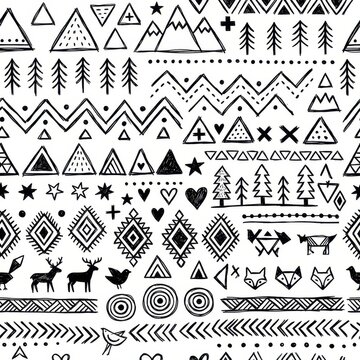 Seamless Hand-Drawn Tribal Folk Art Pattern with Mountains, Forest Animals, and Nordic Icons