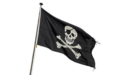 Fototapeta premium Black fabric pirate flag waving with skull crossbones isolated on transparent background