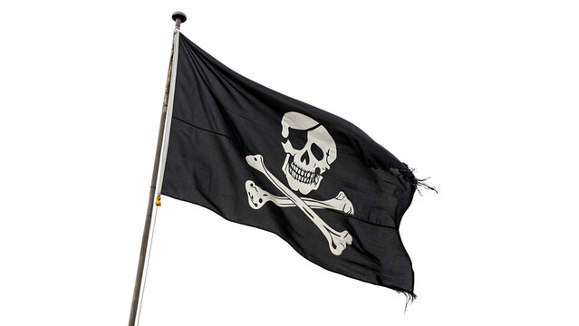 Black fabric pirate flag waving with skull crossbones isolated on transparent background