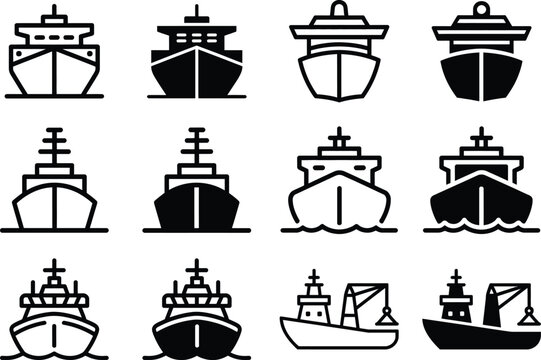 Ship and boat icons, front view, maritime transportation symbols vector set