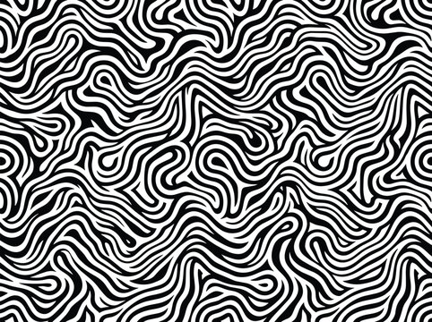 Seamless pattern of intertwining black wavy lines on a white background, abstract fluid curvy texture for textile and print