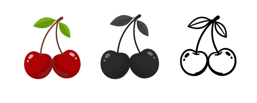 Minimalist cherry icon set, fresh red fruit illustrations, black silhouette and line art cherry graphics for food branding