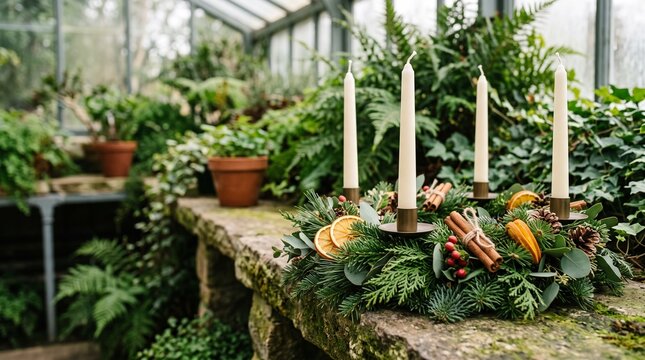 Natural Advent wreath with citrus and taper candles
