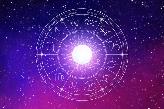 The zodiac displays the 12 signs across the night sky. Astrology.