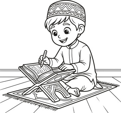 Happy muslim boy sitting on a rug writing in a book on a wooden stand for coloring book page design