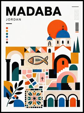 Geometric poster collage inspired by Madaba, Jordan, featuring a mosaic fish, domed churches, arches, geometric patterns, and bold architectural shapes.