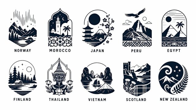 Monochrome travel destination emblem collection featuring illustrated landscapes, cultural motifs, and labels for Norway, Morocco, Japan, Peru, Egypt, Finland, Thailand, Vietnam, Scotland, and New Ze<