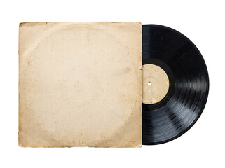 Vintage vinyl record album emerging from a weathered tan paper sleeve showing classic grooves and a worn center on transparent background © Himel