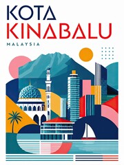 Obraz premium Colorful geometric illustration of Kota Kinabalu, Malaysia, featuring a mosque, mountain skyline, modern buildings, tropical palm, sailboat, and waterfront.